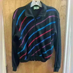 Vintage Winning Ways Retro 80s Black Zip Sweater With Multicolored Stripes Women